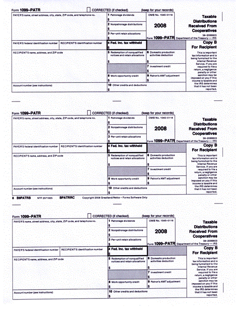 Recipient Copy B of Form 1099-PATR Taxable Distributions Received from Cooperatives