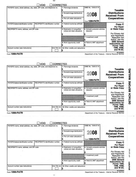 Payer/State Copy C of Form 1099-PATR Taxable Distributions Received from Cooperatives